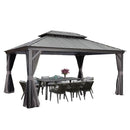 Grey Purple Leaf patio gazebo with aluminum frame bundled with a dining set, shown in a garden setting