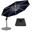 Navy blue cantilever patio umbrella with integrated lights and base, patio shade solution