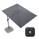 Grey Purple Leaf outdoor patio umbrella with base shown open in a garden or porch setting