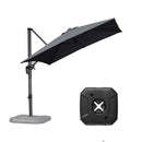 Grey cantilever patio umbrella with base, offering shade solutions for outdoor spaces