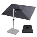 Grey cantilever patio umbrella with base, offering shade solutions