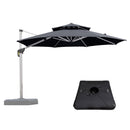 Gray cantilever patio umbrella with base, double-top design, outdoor shade