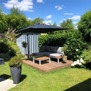 Grey cantilever patio umbrella over outdoor sectional sofa, patio shade solution