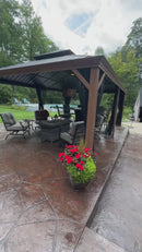 PURPLE LEAF Hardtop Gazebo for Patio Wood Grain Galvanized Steel Frame Awning with String Lights-clear