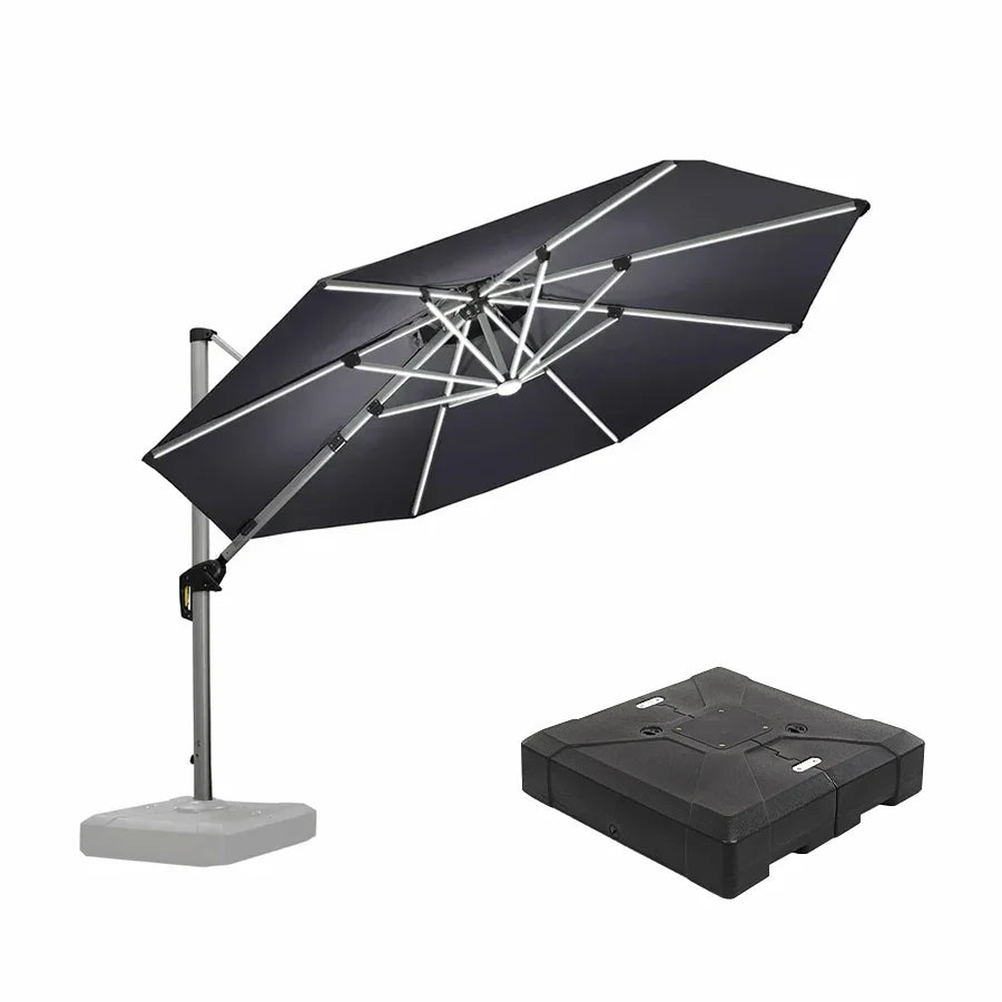 Outdoor Umbrella with Base & Solar LED Cantilever Umbrellas 11' Round / Grey Outdoor Umbrella with Base & Solar LED Cantilever Umbrellas 11' Round / Grey