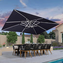 Black rectangular cantilever patio umbrella shading an outdoor dining set, perfect patio shade solution.