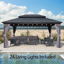 PURPLE LEAF Grey Hardtop Gazebo with Heavy Duty Galvanized Steel Double Roof with String Lights-clear