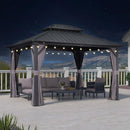 Purple Leaf brand grey hardtop gazebo with double roof and decorative string lights, displaying its installation effect in a garden environment
