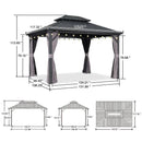 Grey hardtop gazebo with dimensions displayed, including roof, frame, and height details; ideal for outdoor shade solutions.