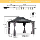PURPLE LEAF grey hardtop gazebo diagram with dimensions, string lights, and curtains. Patio shade solution.