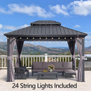 Grey hardtop gazebo with string lights and outdoor furniture set. Included 24 string lights, perfect patio shade solution.