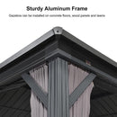 Grey hardtop gazebo, sturdy aluminum frame corner detail with text, curtains. Gazebos installed on concrete, wood, lawns.