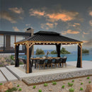 PURPLE LEAF Hardtop Gazebo for Patio Wood Grain Galvanized Steel Frame Awning with Lights - Purple Leaf Garden