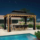 Hardtop gazebo with string lights over outdoor dining set next to a pool