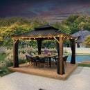 Hardtop gazebo with wood-grain frame, string lights, outdoor dining set near a pool, patio shade solution