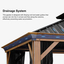 Hardtop gazebo drainage system with sloped roof and water gutters, patio shade solution