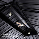 PURPLE LEAF Hardtop Gazebo ceiling detail, black metal roof with a fan and lights, using the U-shaped hooks