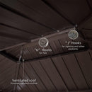 Bronze hardtop gazebo roof with ventilation, featuring U-hooks for fans and J-hooks for lighting. Provides optimum airflow.