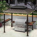 Bronze hardtop grill gazebo with built-in grill, string lights, and side shelves, perfect for outdoor BBQ and entertaining.