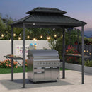 Hardtop grill gazebo with stainless steel grill and shelves, ideal for outdoor cooking and patio shade solutions.