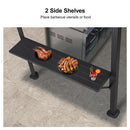 Hardtop gazebo side shelf with barbecue food and drink. Black shelf for outdoor grilling.