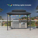 Hardtop grill gazebo with 24 string lights, outdoor kitchen, patio shade solutions.