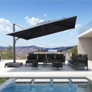 Black cantilever patio umbrella and outdoor furniture set with a pool, offering patio shade solutions.