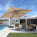 PURPLE LEAF patio shade solution featuring square cantilever umbrella, outdoor furniture set and a pool.