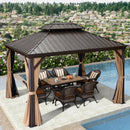 Bronze hardtop gazebo with curtains, dining set, and pool view. Perfect outdoor patio shade solution.