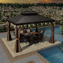 Bronze hardtop gazebo with string lights, table and chairs by a pool, outdoor shade solution.