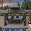 Bronze hardtop gazebo with navy curtains, outdoor dining set, and string lights near pool