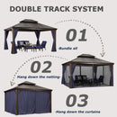 Bronze hardtop gazebo double track system: bundling all, hanging netting, and curtains.
