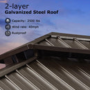 2-layer galvanized steel roof of a hardtop gazebo, with 2500 lbs capacity, wind rate 40mph, and rustproof features.