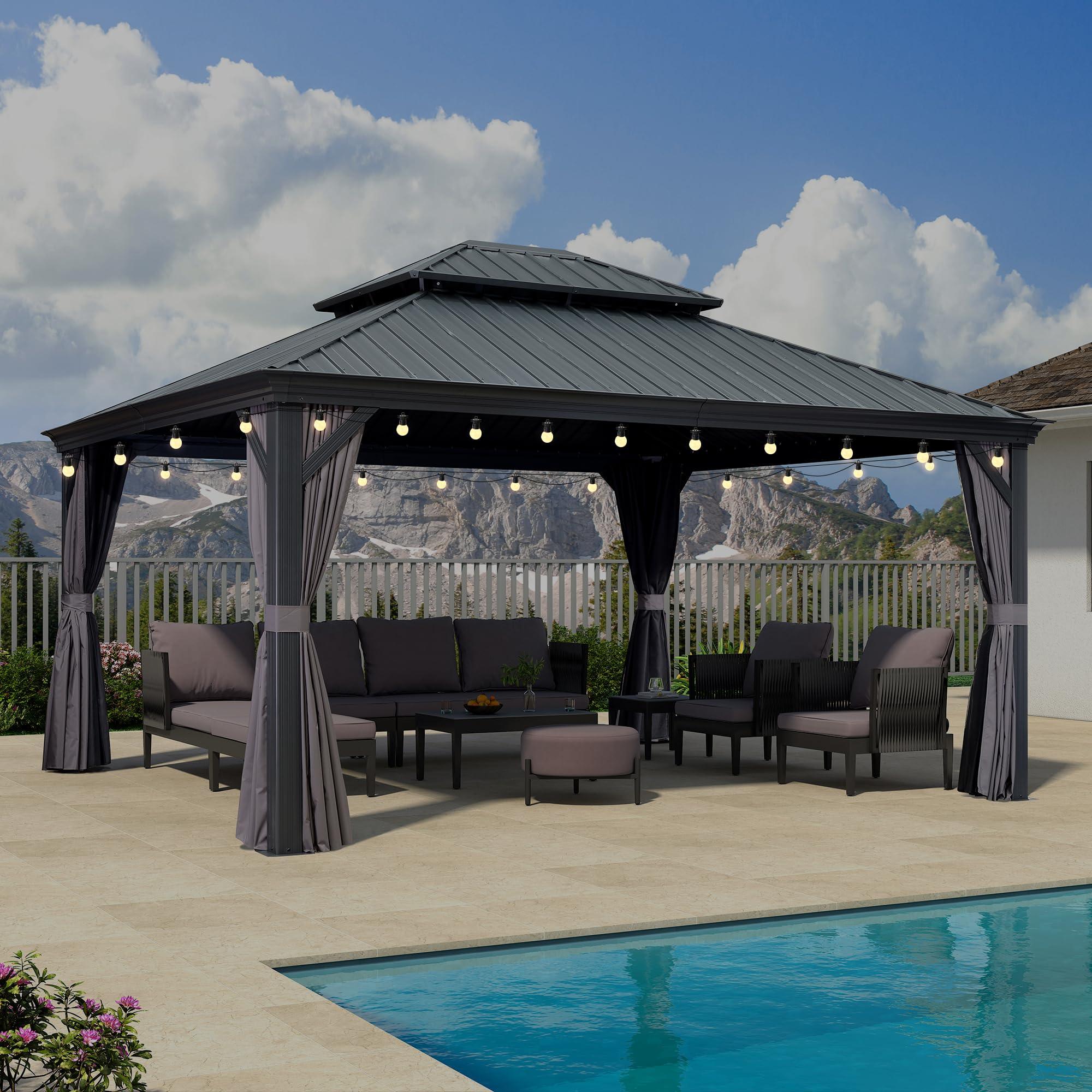 Outdoor Hardtop Gazebo String Lights Galvanized Steel roof