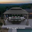 Grey hardtop gazebo with string lights, outdoor dining set, and curtains, patio shade solution.