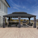 PURPLE LEAF Patio Gazebo for Backyard Grey Hardtop Galvanized Steel Roof Awning with String Lights - Purple Leaf Garden