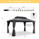 Grey hardtop gazebo with string lights and dimensions shown, patio shade solution.