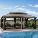 Light grey hardtop gazebo with string lights and outdoor furniture near a pool, patio shade solution.