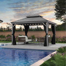 Light grey hardtop gazebo with black curtains, outdoor furniture, and string lights by a pool, patio shade solution.