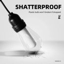 Shatterproof light bulb, durable plastic material, won't break if dropped, patio gazebo lighting.