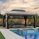 Light grey hardtop gazebo with black curtains near a pool, outdoor patio furniture set, patio shade solution