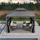 Light grey hardtop gazebo with black curtains and outdoor furniture set near a pool, patio shade solution.