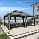 Light grey PURPLE LEAF hardtop gazebo with black curtains, outdoor patio furniture set, providing shade.
