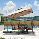 PURPLE LEAF Sunbrella double top cantilever patio umbrella over outdoor dining set, creating shade in the patio.