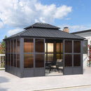 Grey hardtop gazebo sunroom with sliding doors, perfect patio shade solution