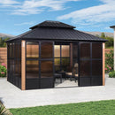 Wood grain sunroom gazebo with black steel frame, sliding doors, and PC screen, creating a comfortable outdoor living space.