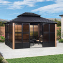PURPLE LEAF Sunroom Hardtop Gazebo Solarium Wood Grain Galvanized Steel Double Roof All-Weather Aluminum Outdoor Screen House - Purple Leaf Garden