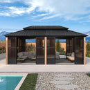 PURPLE LEAF Sunroom Hardtop Gazebo Solarium Wood Grain Galvanized Steel Double Roof All-Weather Aluminum Outdoor Screen House - Purple Leaf Garden