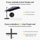 PURPLE LEAF umbrella compatibility guide: Single Top and Foot Pedal umbrellas, cross base requirements.
