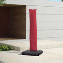 Red patio umbrella cover on a black base. Made of water-repellent polyester fabric for protection.